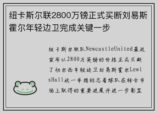 纽卡斯尔联2800万镑正式买断刘易斯霍尔年轻边卫完成关键一步